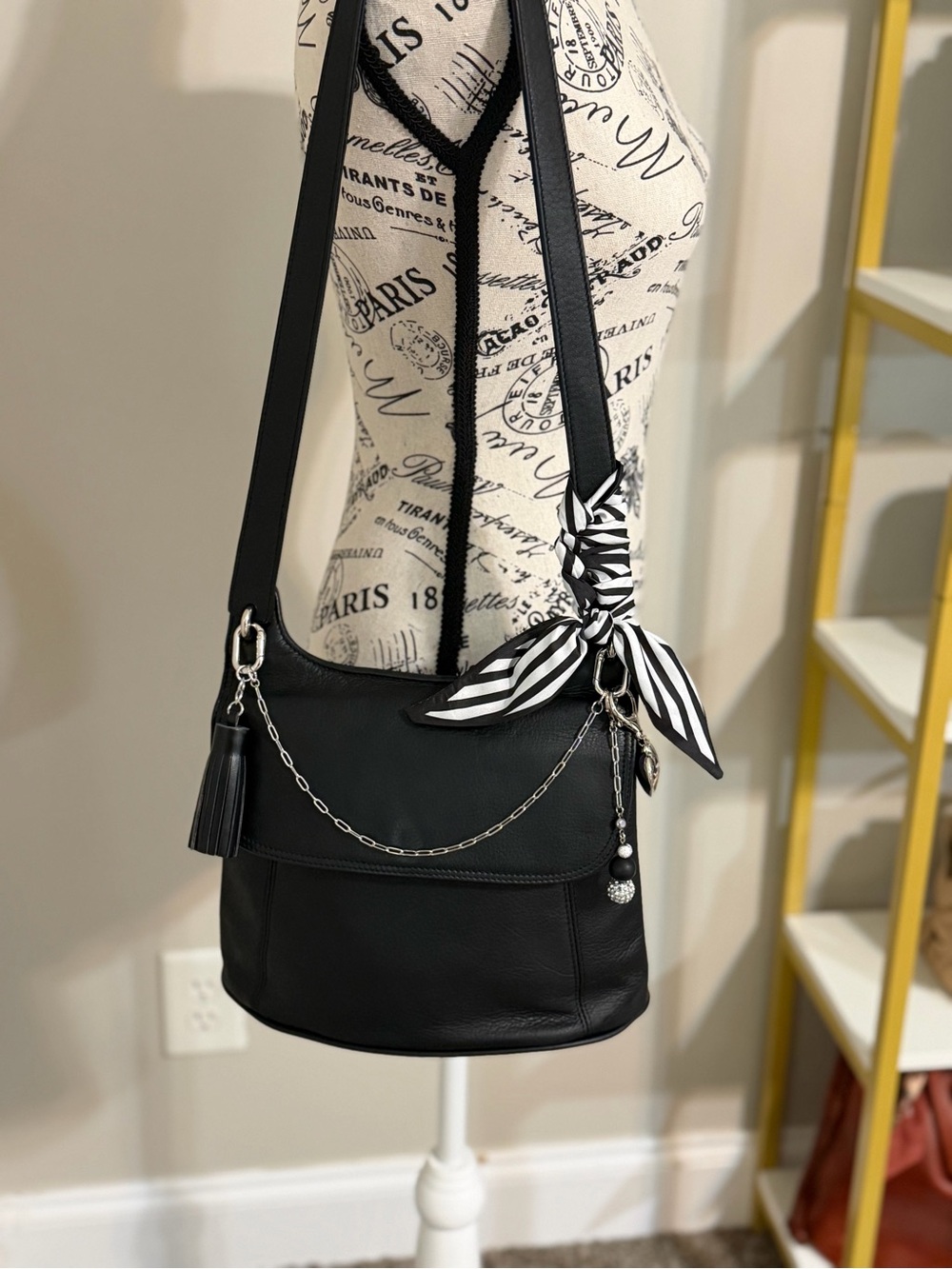 Vintage Rolfs Black Leather Shoulder Bag with Tassel and Heart Charm